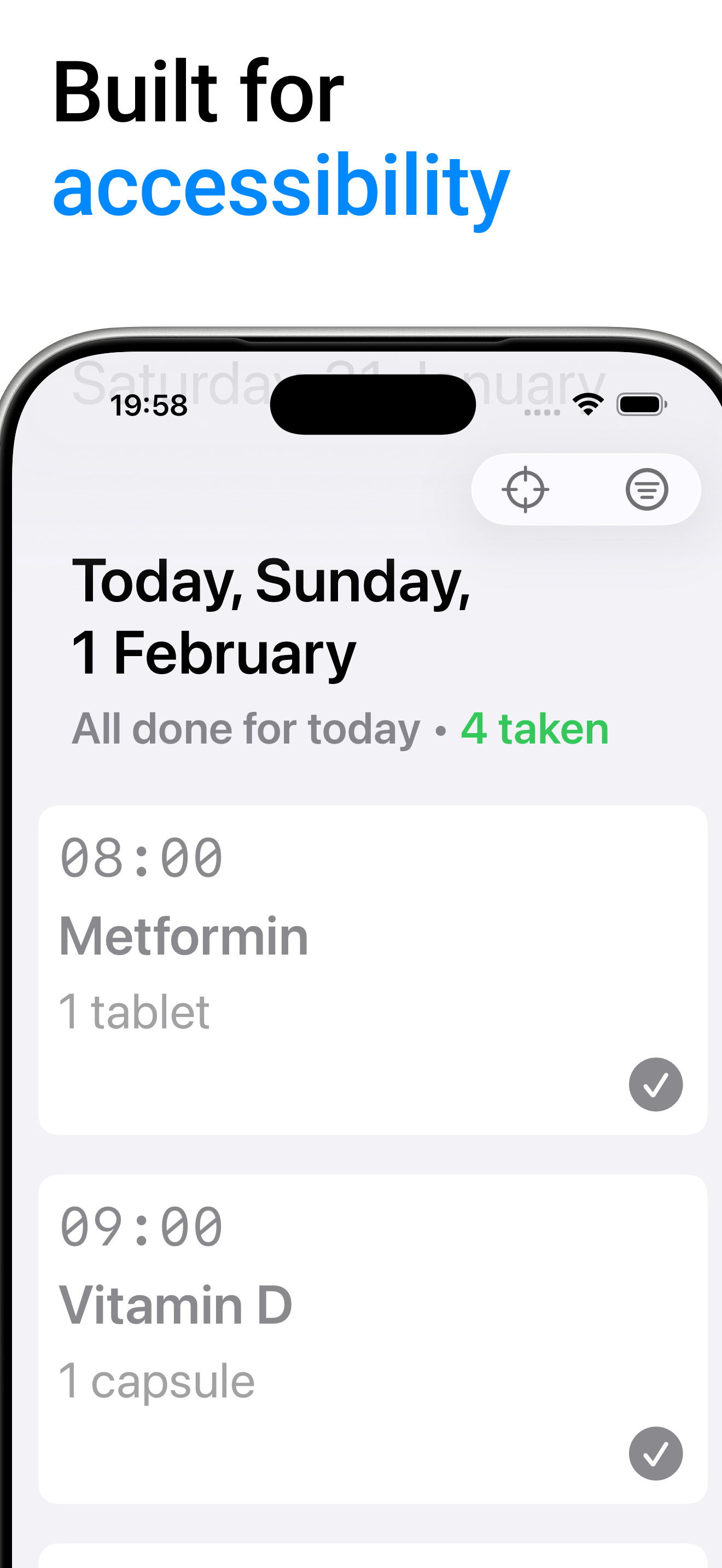Today view showing larger text and clear taken status for each medication dose.