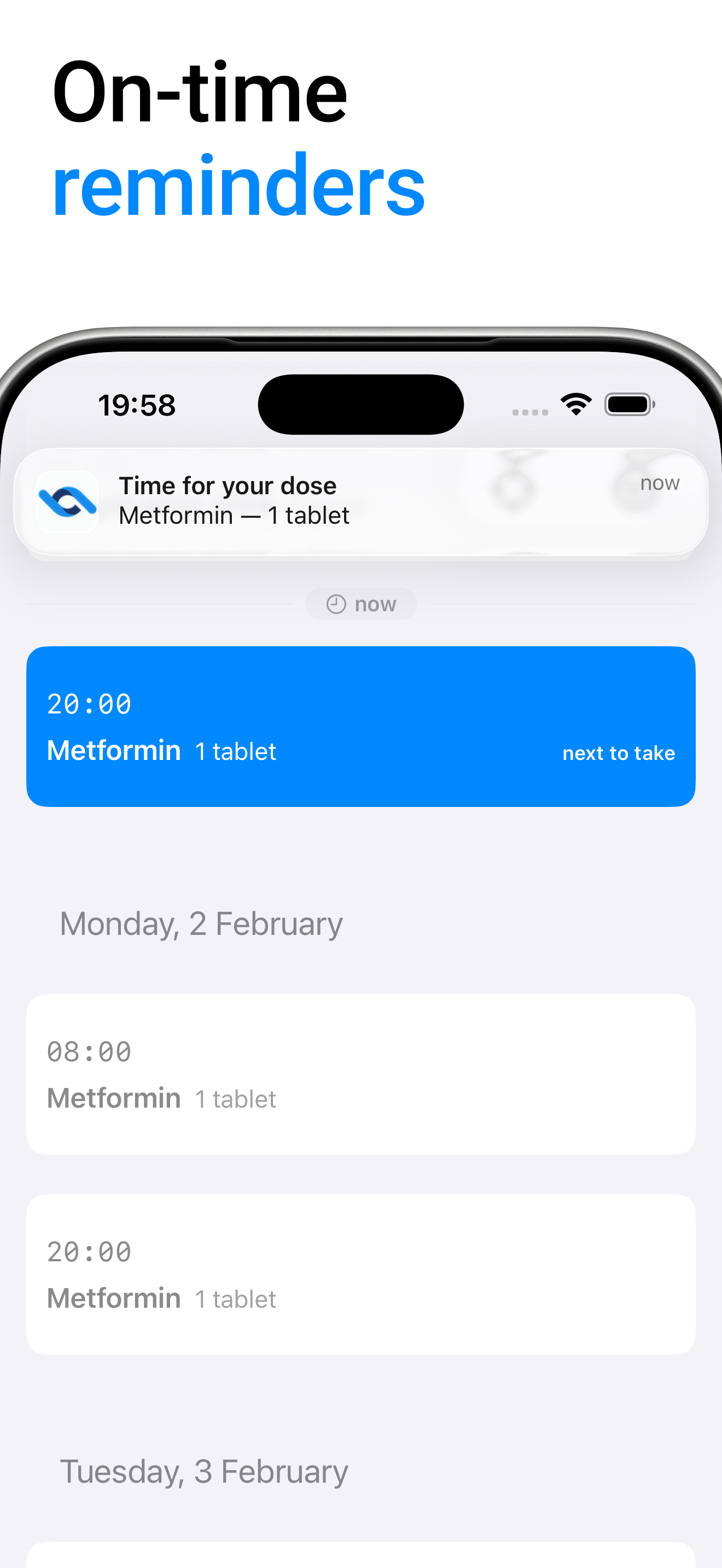 Reminder notification and highlighted evening dose for a medication.