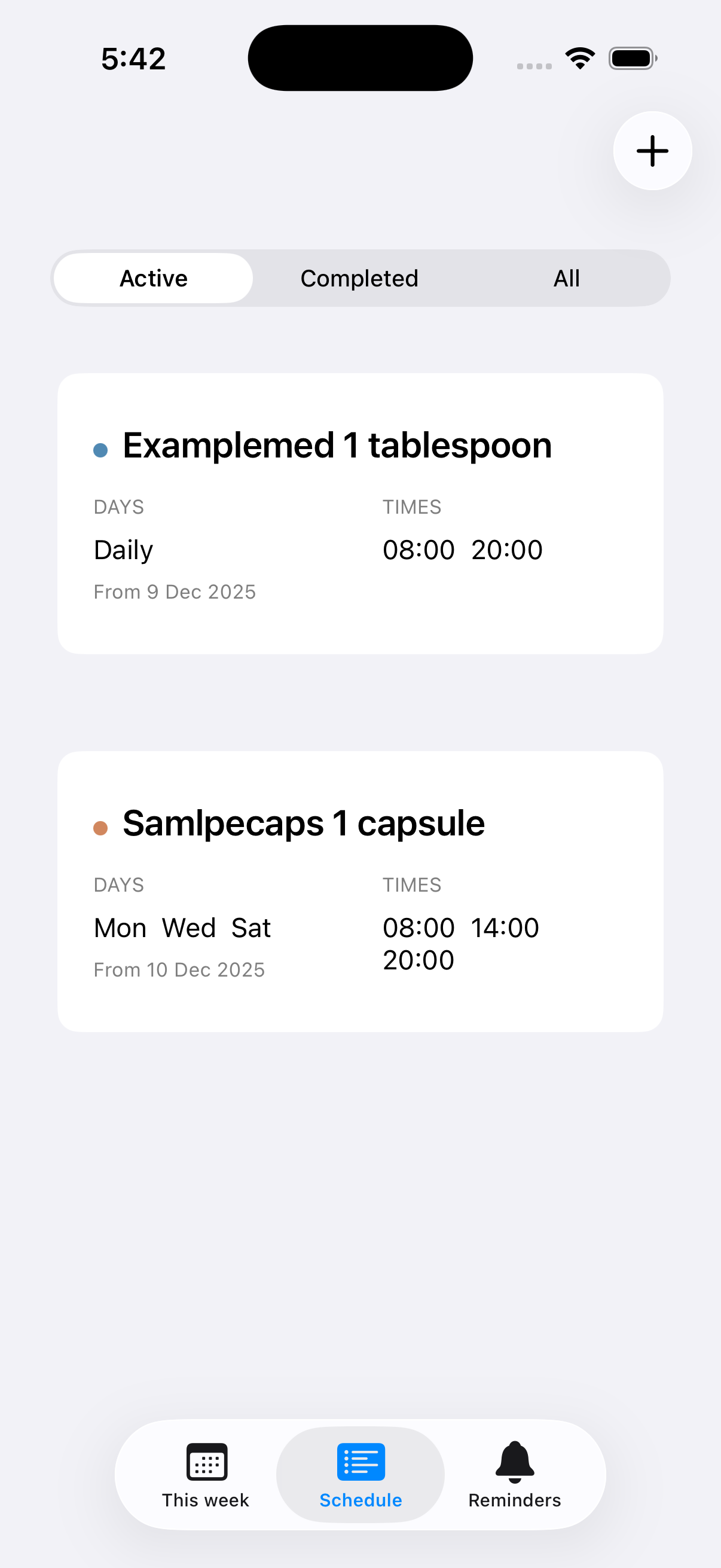 Havnlink schedule view showing two example items with their daily times