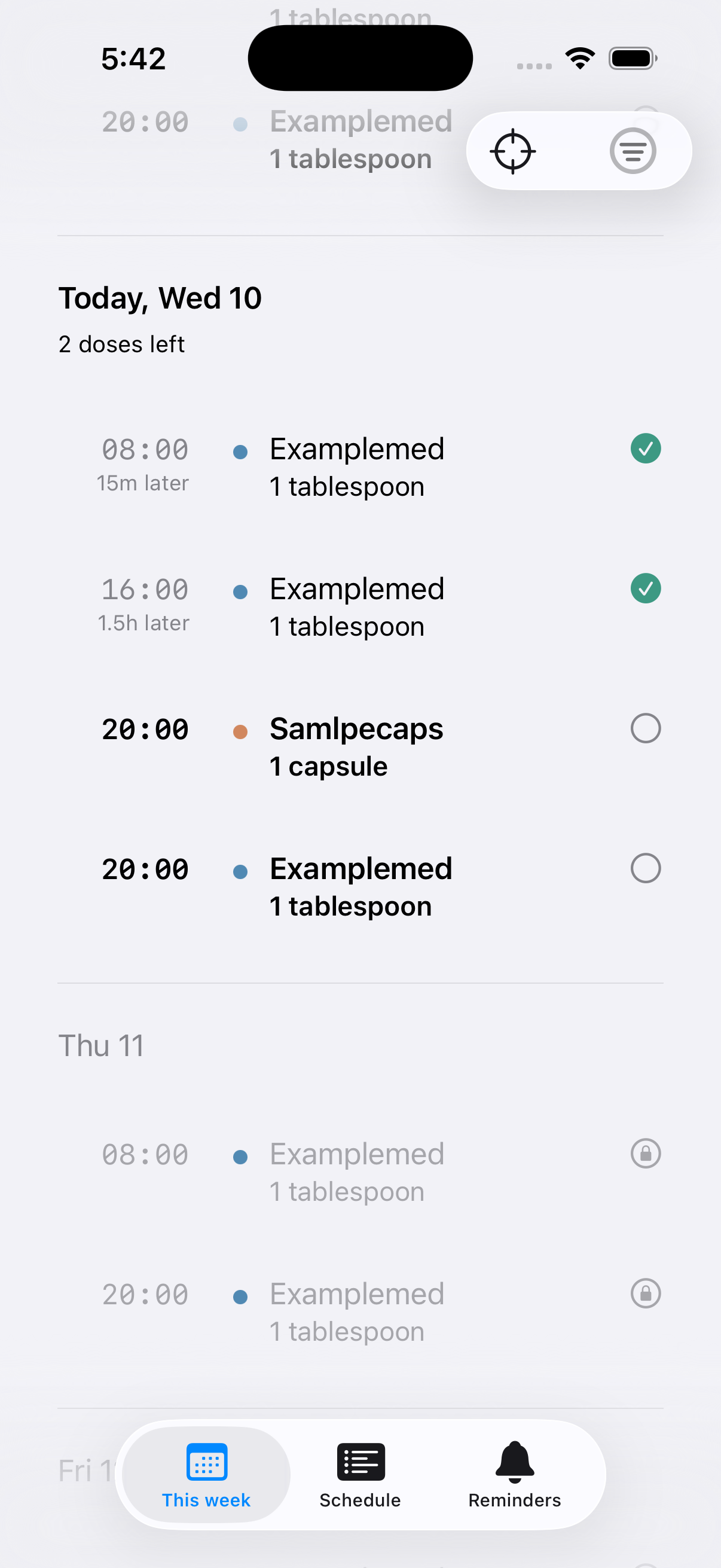 Havnlink week view showing today’s doses with one dose marked as taken